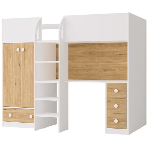 Vente-Unique – Lit mezzanine 90 x 190 cm avec armoire et bureau – Blanc naturel – Panneau de particules – Charge max 80 kg – Montage facile (1/5)