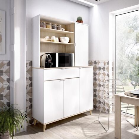 Buffet de cuisine WAJDI - 4 portes, 1 tiroir et 3 niches - Blanc et chêne