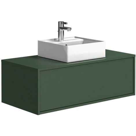 Meuble de salle de bain suspendu vert mat avec simple vasque carrée - 94 cm - TEANA II (1/5)
