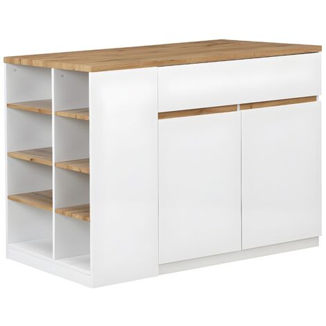 Vente-Unique – Îlot central de cuisine avec rangements – 130 cm x 65 cm – Mdf laqué blanc et naturel – 4 places avec tiroir et niches