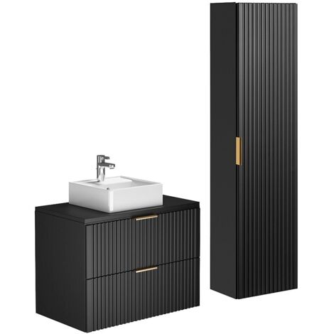 Vente-Unique – Meuble de salle de bain suspendu noir avec vasque à poser carrée – 80 cm – 2 tiroirs soft close – Éco-responsable, fabriqué en Europe