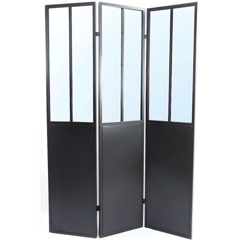 Vente-Unique – Paravent miroir industriel 3 pans – Métal noir – H. 180 cm x L. 122 cm – Style loft – Livré monté (1/3)