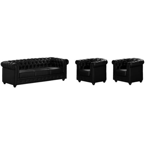 Vente-Unique – Canapé 3 places Chesterfield en simili noir – 2 fauteuils assortis – Coussins déhoussables – Structure en bois capitonné (1/5)