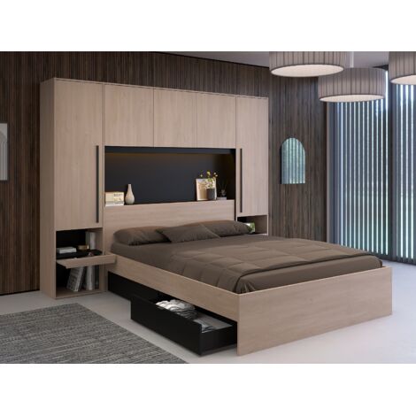Vente-Unique – Lit pont 160 x 200 cm avec rangements – 2 tiroirs et 4 niches – Avec LEDs multicolores – Panneau de particule mélaminé (1/5)