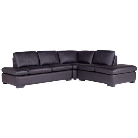 Vente-Unique – Canapé d'angle en cuir noir 5 places – Cuir supérieur de vachette – Accoudoirs relevables – Longueur 268 cm – Angle droit (1/5)