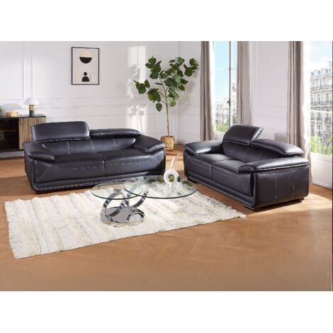 Vente-Unique – Canapé droit 3 places en cuir de vachette noir – Têtières ajustables – Charge maximale 360 kg – Longueur 204 cm – Garnissage mousse polyuréthane