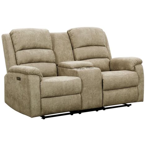 Vente-Unique – Canapé relax électrique 2 places en tissu taupe – Tablette avec porte-verres – Confort équilibré – Dimensions 171x95x103 cm