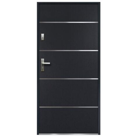 Porte d'entrée en acier pleine et inox H207 x L100 cm anthracite - poussant droit - NAXARA