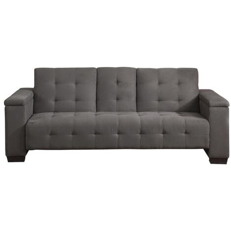 Vente-Unique – Canapé convertible 3 places clic-clac en microfibre – Tablette rabattable avec porte-gobelets – Gris – Dimensions 218x94x88cm (1/5)
