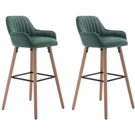 Lot de 2 tabourets de bar en velours et pieds bois de hêtre - Vert foncé - ELEANA