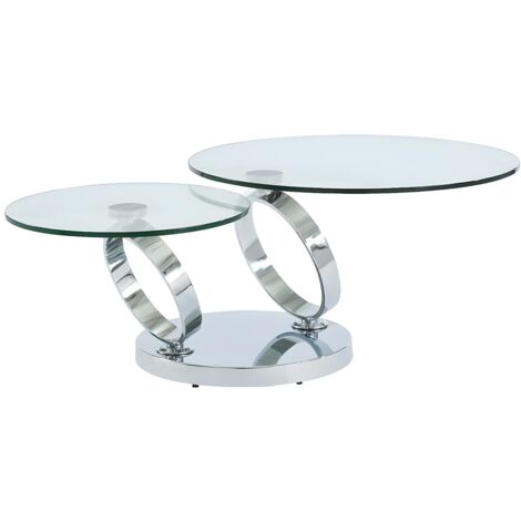 Vente-Unique – Table basse fixe avec plateaux pivotants 360° – Verre trempé 12mm et acier inoxydable – Longueur 131 cm – Design contemporain