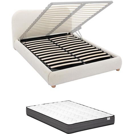 Vente-Unique – Lit coffre 140 x 190 cm – Tissu bouclette blanc – Matelas à ressorts ensachés – Espace de rangement optimisé (1/5)