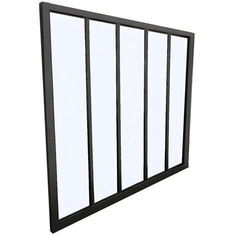 Vente-Unique – Verrière d'intérieur en aluminium noir – Dimensions 150x105 cm – Verre trempé 4 mm – Pose en tunnel pour séparation d'espaces