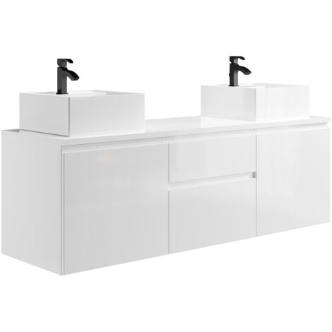 Vente-Unique – Meuble double vasque suspendu 150 cm – MDF blanc lisse brillant – 2 portes battantes – 2 tiroirs soft close – Vasques carrées en céramique
