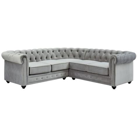 Vente-Unique – Canapé d'angle en velours chesterfield 5 places – Gris clair – Structure en bois – Déhoussable – Garnissage mousse polyuréthane (1/3)