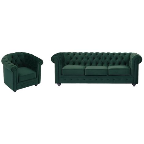 Canapé 3 places et fauteuil en velours vert CHESTERFIELD (1/5)