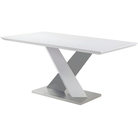 Vente-Unique – Table de salle à manger 6 places – MDF laqué blanc et anthracite – Piètement acier inoxydable – Longueur 160 cm, Hauteur 76 cm