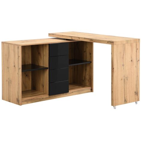 Vente-Unique – Bureau d'angle extensible 190x120 cm – MDF laqué noir et naturel – Avec 4 tiroirs et roulettes – Charge maximale 75 kg