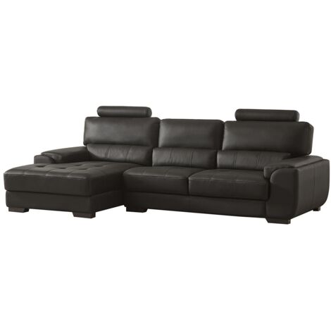 Vente-Unique – Canapé d'angle en cuir de vachette 5 places – Noir – Têtières réglables – Longueur 275 cm – Confort équilibré (1/5)