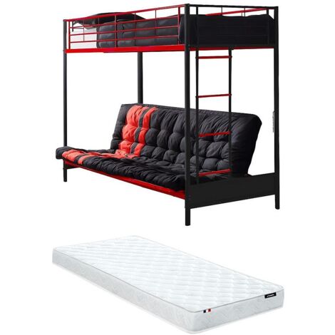 Vente-Unique – Lit mezzanine 90 x 190 cm – Banquette convertible 135 x 190 cm – Métal noir et rouge – Charge max 150 kg – Futon et matelas inclus (1/5)