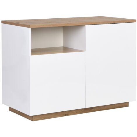Vente-Unique – Îlot central de cuisine 120 cm – 2 portes battantes – 1 niche de rangement – MDF laqué blanc et naturel – 4 places