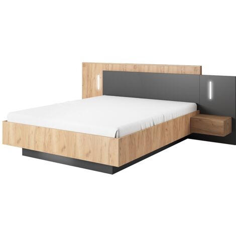 Vente-Unique – Lit avec chevets 160 x 200 cm – 2 tiroirs coulissants push to open – Avec LEDs blanches – Coloris naturel et anthracite – Éco-responsable (1/3)