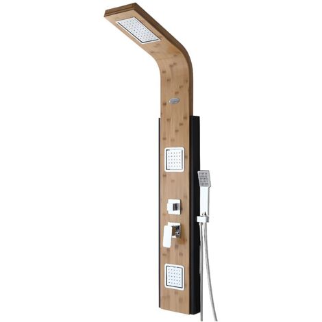 Vente-Unique – Colonne de douche hydromassante 145 cm – Panneau en bambou – Jets pluie tropicale et massage – 50 microjets – Mitigeur mécanique