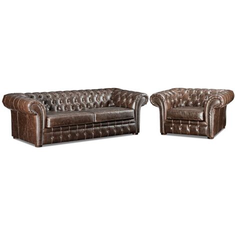 Fauteuil Chesterfield CLOTAIRE – Cuir Vieilli Marron Chocolat – 100% Vachette – 127 Cm – Style Indémodable