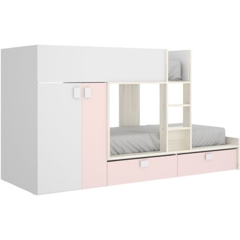 Lits Superposés 2 x 90 x 190 cm  - Armoire intégrée - Blanc, naturel et rose - JUANITO