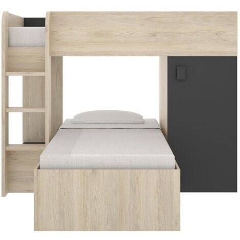 Lit superposé d'angle réversible 90 x 190 cm – 2 places avec rangements – Panneau mélaminé chêne et anthracite – Échelle incluse – Dekit