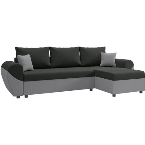 Vente-Unique – Canapé d'angle convertible réversible 4 places en tissu polyester noir et gris – Mécanisme coulissant – Coffre de rangement intégré (1/5)
