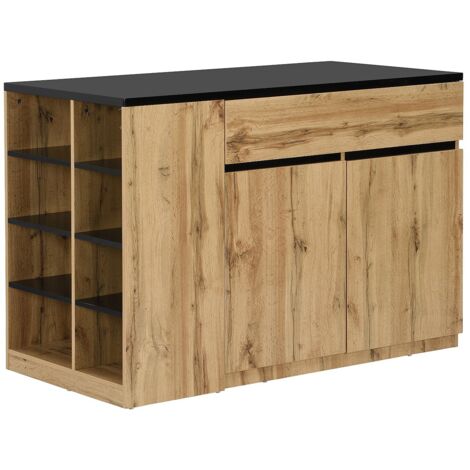 Vente-Unique – Îlot central de cuisine avec rangements – Noir et naturel – MDF laqué – 130x65x90 cm – Système Soft Close et Push to open