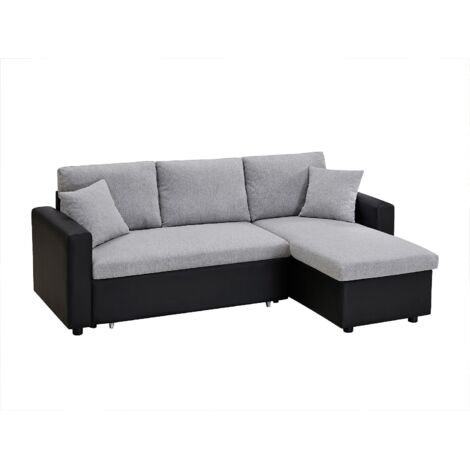 Vente-Unique – Canapé d'angle convertible réversible 4 places en tissu 100% polyester – Mécanisme convertible rapide – Rangement sous l'assise – Couleur gris clair et noir (1/5)
