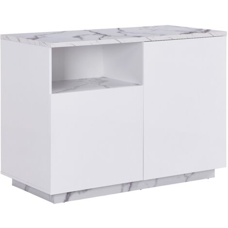 Vente-Unique – Îlot central de cuisine 120x60 cm – MDF laqué effet marbre blanc – 2 portes battantes – 1 niche de rangement – 4 places assises