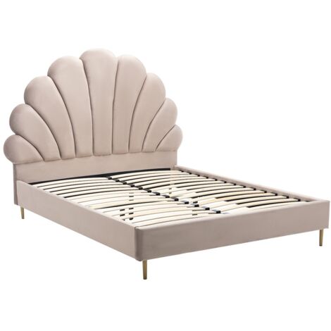 Vente-Unique – Lit coquillage 140 x 190 cm – Velours beige – Structure contreplaqué – Sommier cadre à lattes – Charge max 220 kg (1/5)