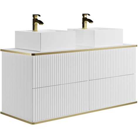 Vente-Unique – Meuble double vasque suspendu 120 cm – MDF strié blanc avec 4 tiroirs – Système push to open – Finition dorée