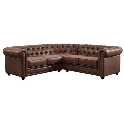 Vente-Unique – Canapé d'angle Chesterfield 5 places en microfibre aspect cuir vieilli – Structure en bois – Déhoussable – Dimensions 220x220cm (1/4)