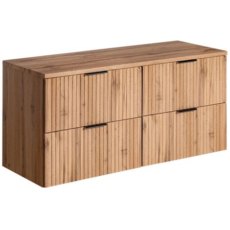 Vente-Unique – Meuble sous vasque suspendu strié – Naturel clair – Longueur 120 cm – 4 tiroirs – Système Soft Close – Éco-responsable
