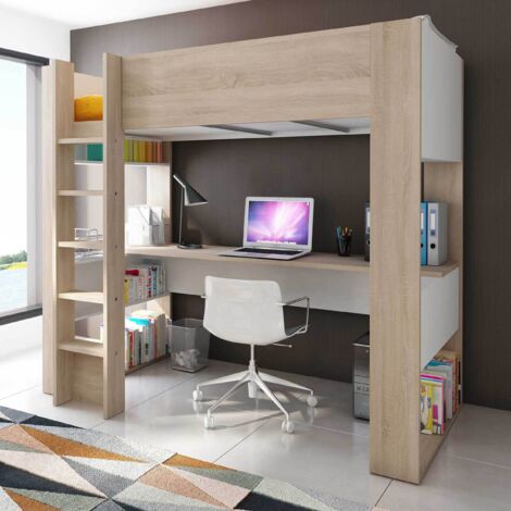 Vente-Unique – Lit mezzanine 90 x 200 cm avec bureau et rangements – Chêne et blanc – Étagères intégrées – Fabriqué en Europe (1/5)