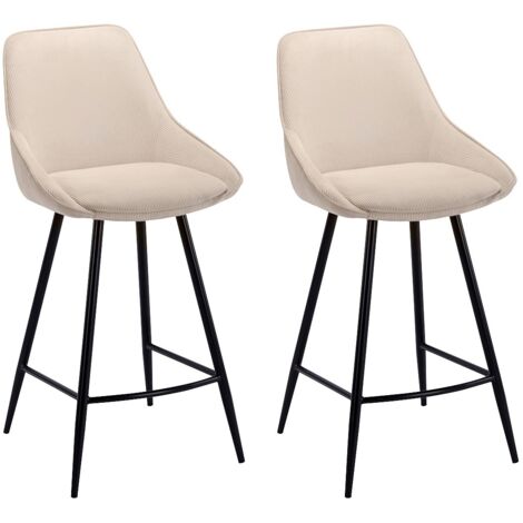 Vente-Unique – Lot de 2 tabourets de bar en velours côtelé crème – Structure métal noir – Hauteur 99 cm – Assise 67 cm – Garnissage mousse polyuréthane (1/5)