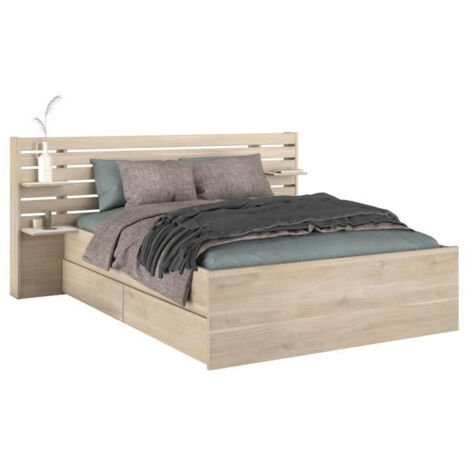 Lit adulte 140x190 cm avec 2 tiroirs de rangement – Structure en panneaux de particules – Finition chêne du Japon – Design moderne – Parisot (1/7)