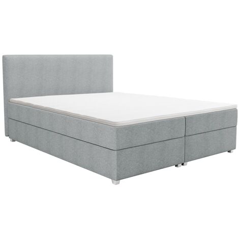 Vente-Unique – Ensemble complet boxspring 180 x 200 cm – Lit avec tête de lit, sommier fixe, matelas ressorts et surmatelas mousse – Tissu polyester gris clair (1/5)