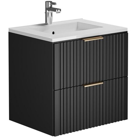 Vente-Unique – Meuble de salle de bain suspendu strié avec vasque à encastrer – Noir – 60 cm – Rangement optimisé – Facade striée élégante