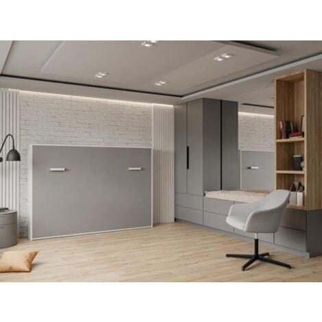 Lit escamotable 140 x 200 cm - Ouverture horizontale manuelle - Blanc et gris - MALINA II