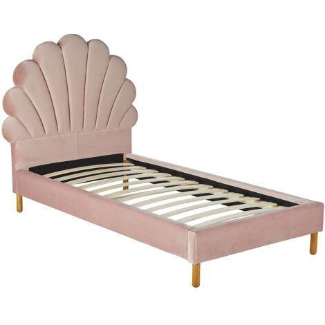 Vente-Unique – Lit coquillage 90 x 190 cm – Velours rose – Tête de lit vintage – Pieds en bois massif – Confort mousse polyuréthane (1/5)