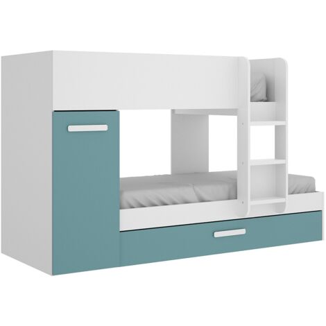 Lits superposés avec tiroir lit gigogne et rangements 3 x 90 x 190 cm - Blanc et bleu - ANTHONY (1/5)