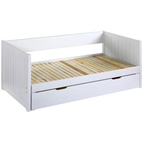 Vente-Unique – Lit escamotable banquette 90 x 190 cm – Sommier peigne avec tiroir – Pin massif laqué – Charge maximale 120 kg