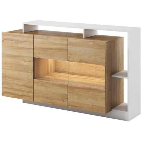 Vente-Unique – Buffet 3 portes avec 3 niches et LEDs – Coloris naturel et blanc – Panneau de particule et verre trempé – Dimensions 155x93.5x44 cm