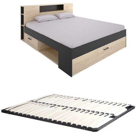 Tête De Lit Avec Rangements NASTIA - 160 Cm, Chêne Et Anthracite - 9 Niches Intégrées