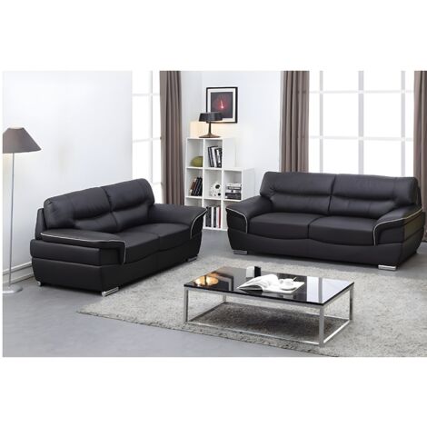 Vente-Unique – Canapé droit 3 places et 2 places en cuir de vachette noir – Assise mousse haute résilience – Pieds métal – Dimensions 210x93x87 cm et 168x93x87 cm (1/4)